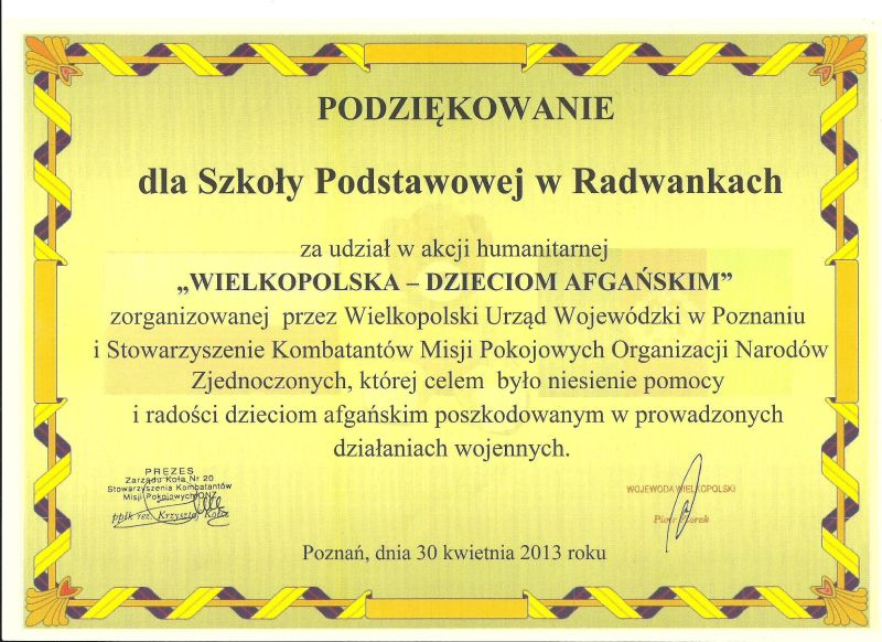 Podziękowanie za udział w akcji humanitarnej "WIELKOPOLSKA - DZIECIOM AFGAŃSKIM"