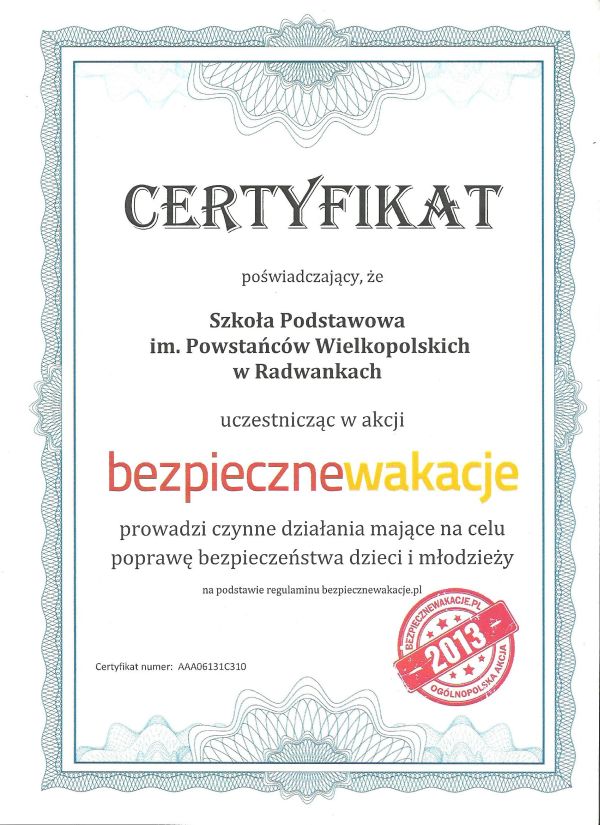 Certyfikat w akcji "Bezpieczne wakacje"