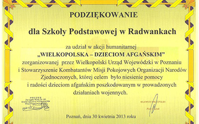 Podziękowanie za udział w akcji humanitarnej "WIELKOPOLSKA - DZIECIOM AFGAŃSKIM"